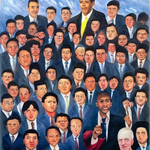 Prompt: A young boy has worked his entire way up becoming a politician, then succeeding to unite the entire globe under 1 nation, somewhere he does a speech, and someone that in that time is the best painter makes a portrait of the Leader with all the people and armies infront of him, the painting is of very high quality and a lot of coherency