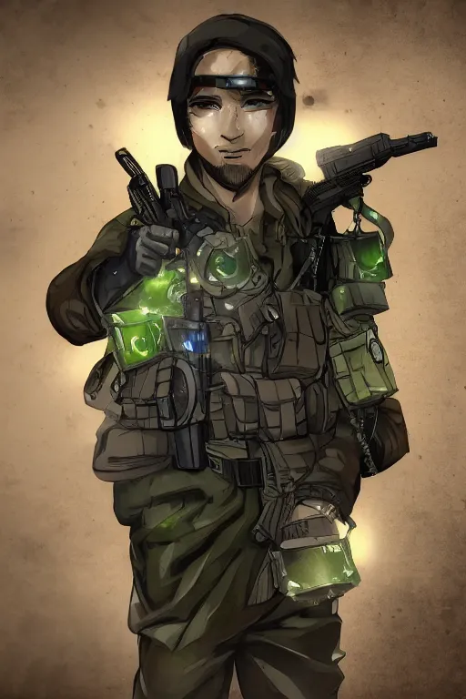 Image similar to a saboteur carrying multiple bombs and bullets in his body, green eyes, highly detailed, digital art, sharp focus, ambient glow, trending on art station, anime art style