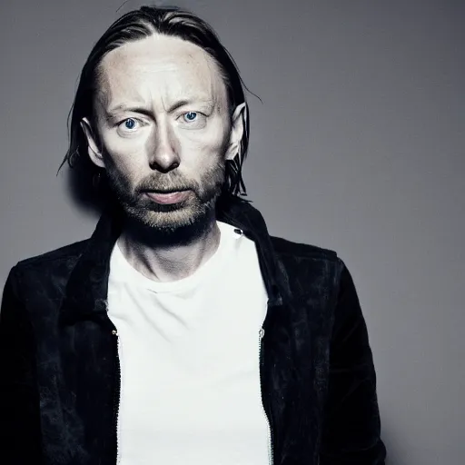 Image similar to Thom Yorke, Radiohead singer Thom Yorke, holding the moon upon a stick, with a beard and a black jacket, a portrait by John E. Berninger, dribble, neo-expressionism, uhd image, studio portrait, 1990s