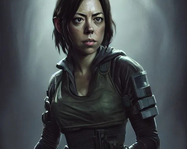 Image similar to a gaming screenshot still portrait of aubrey plaza in resident evil, deep focus, d & d, fantasy, intricate, elegant, highly detailed, digital painting, artstation, concept art, matte, sharp focus, illustration, dark fantasy style art, hearthstone, art by artgerm and greg rutkowski and alphonse mucha