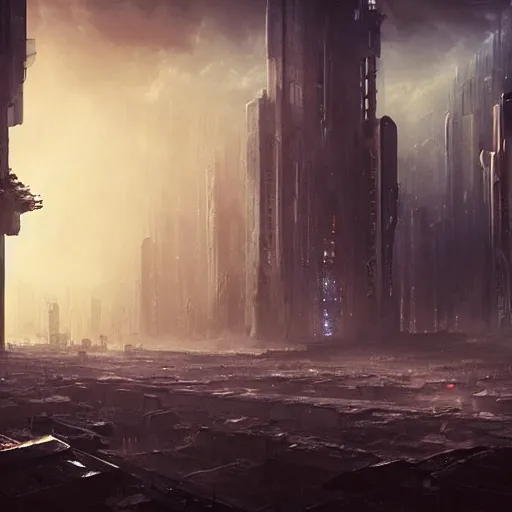 Image similar to abandoned sci-fi city volumetric mystical and dramatic realistic lighting, concept art, fantasy, matte painting, in the style of Greg Rutkowski and H.R. Giger and artemisia, highly detailed