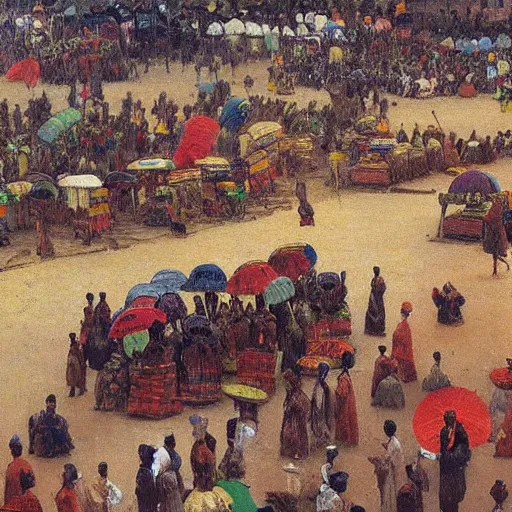 Prompt: dahomey officials with flat colorful umbrellas in ahomey's huge main square, from above, 1905, highly detailed, oil on canvas, by ilya repin