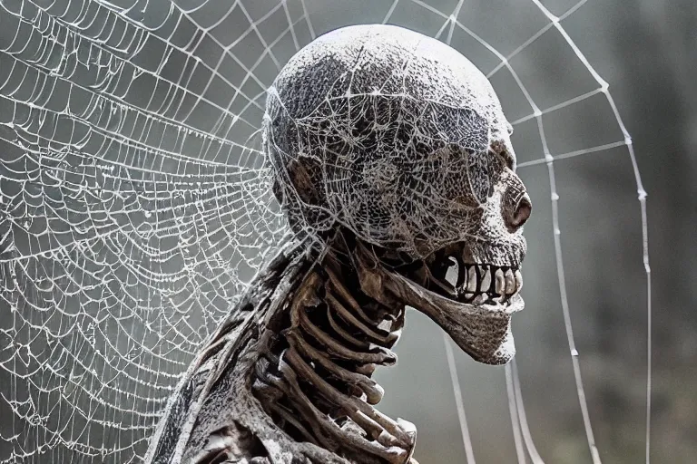 Image similar to portrait of a dusty armored skeleton covered in spiderwebs By Emmanuel Lubezki