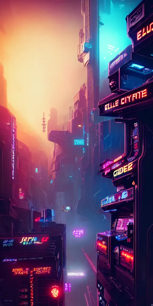 Image similar to epic cyberpunk arcade city : : blade runner, james guilleard, beeple, laurie greasley, dan mcpharlin : : ornate, dynamic, particulate, rich colors, intricate, elegant, highly detailed, centered, artstation, smooth, sharp focus, octane render, 3 d