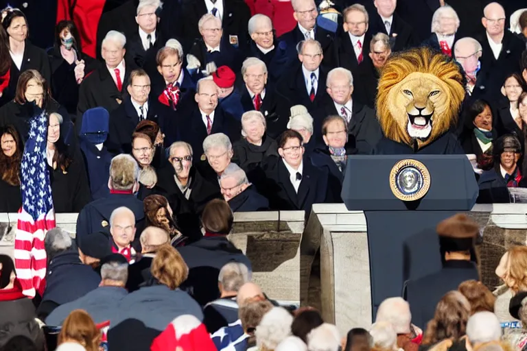 Image similar to photo of the usa presidential inauguration, a lion fursuiter being inaugurated as president