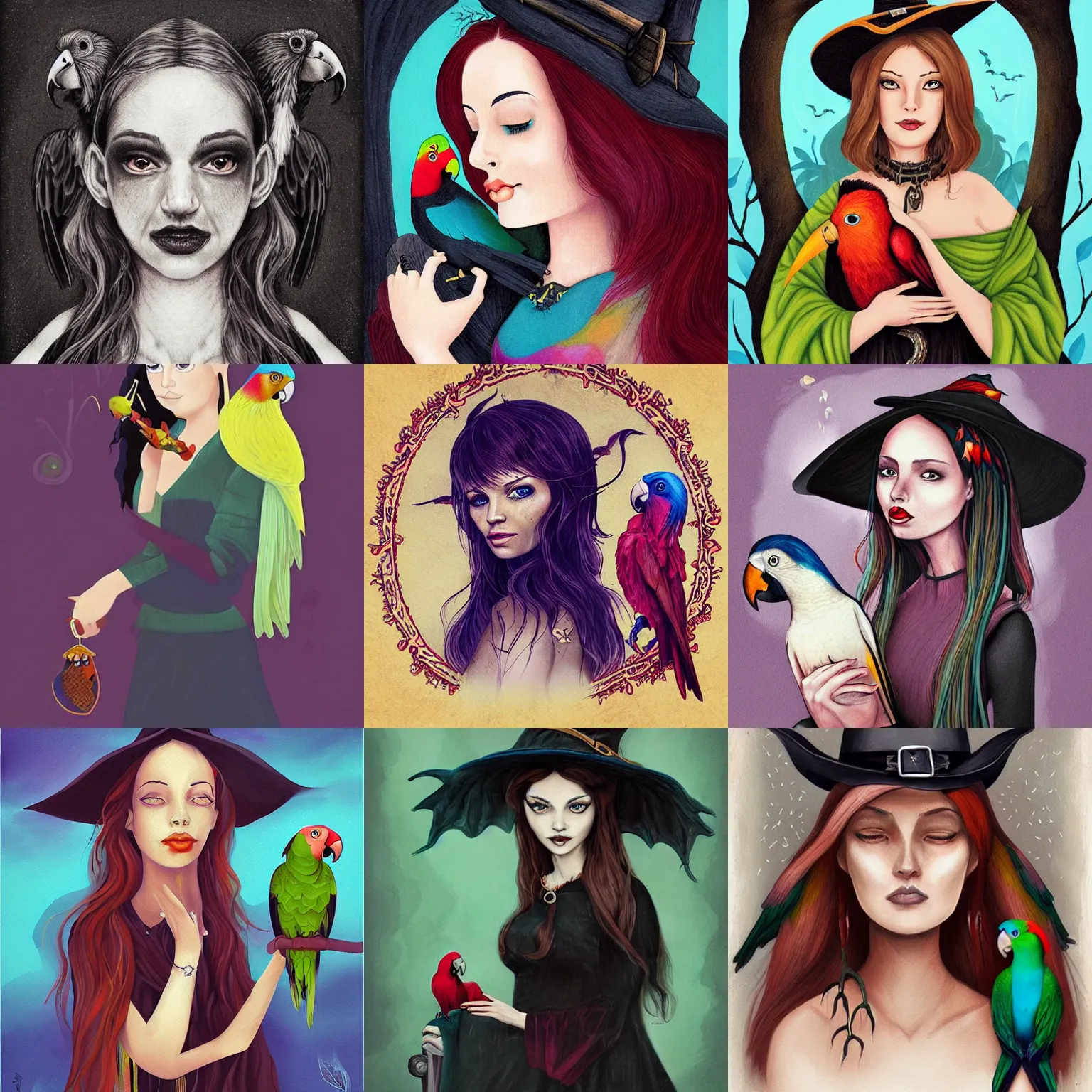 Prompt: portrait of a witch with a parrot, fiona staples, detailed illustration