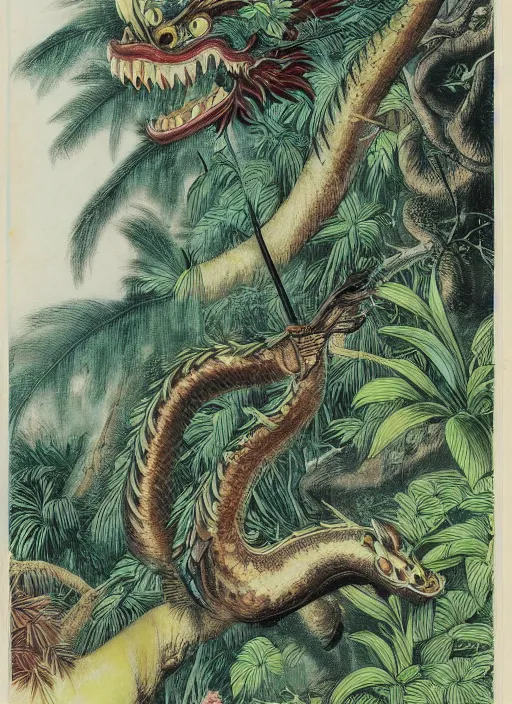 Image similar to vintage chinese dragon in a tropical forest, john james audubon, intaglio 8 k resolution