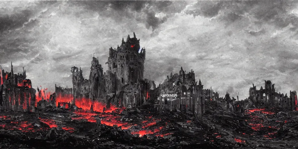 Image similar to a castle in distance in flames and ruins, the ground is dark and cracked, a large man in full plate of black armor, splattered in blood, riding a large black horse with red glowing eyes and red wisps emanating from it's eyes, blackened clouds cover sky crackling with lightning and rain in the distance,,