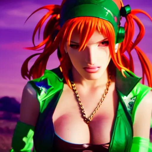 Image similar to cinematic scene with bella thorne as jolyne from jojo's bizarre adventure, stone ocean, dramatic, small details, volumetric lighting, still frame