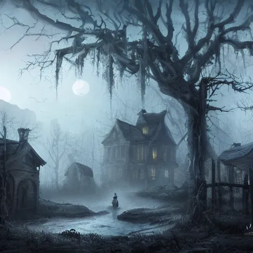 Image similar to haunted village surrounded by a dead forest, mist, moonlight, dark and gloomy, matte painting, ultra detailed, concept art