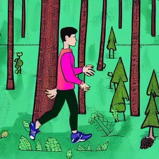 Prompt: a guy in acid-green athletic sneakers runs through a forest with tall trees, art by Tomine,