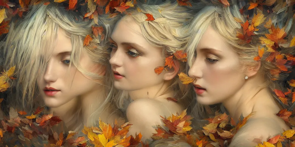 Prompt: breathtaking detailed concept art painting art deco pattern of blonde goddesses faces amalgamation autumn leaves, by volegov, bizarre compositions, exquisite detail, extremely moody lighting, 8 k