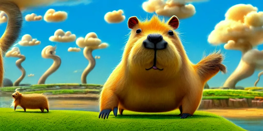 Image similar to cartoon concept art, capybara character, spiral clouds, from lorax movie