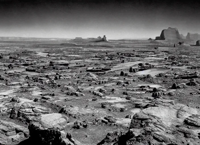 Prompt: Overlook of an ancient alien city, albumen silver print by Timothy H. O'Sullivan.