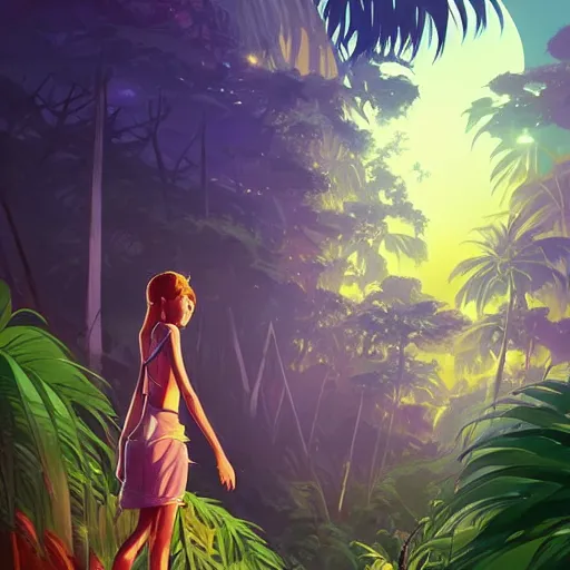 Prompt: tropical jungle, 2 moons in the sky above, purple tinged sky, behance hd artstation by jesper ejsing by rhads, makoto shinkai and lois van baarle, ilya kuvshinov, ossdraws