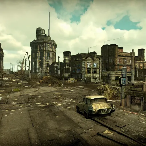 Prompt: Edinburgh in ruins post nuclear war, Fallout 4, in game screenshot