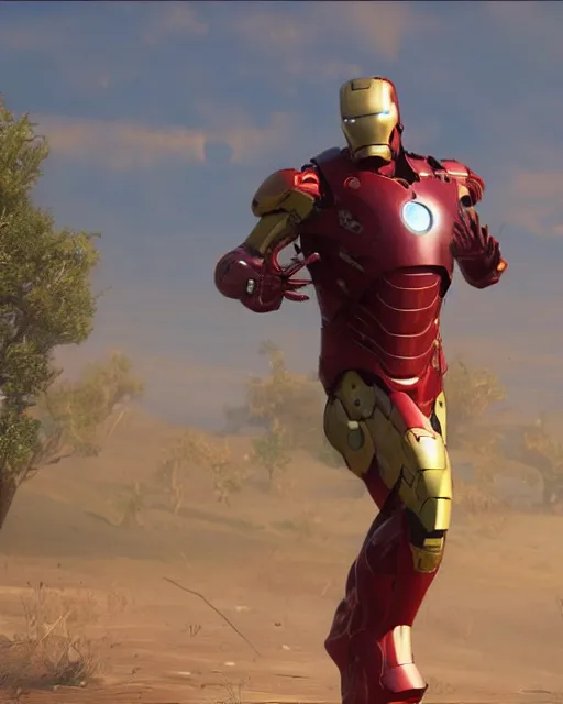 Image similar to mk 3 8 iron man suit in red dead redemption 2, cinematic, photorealistic