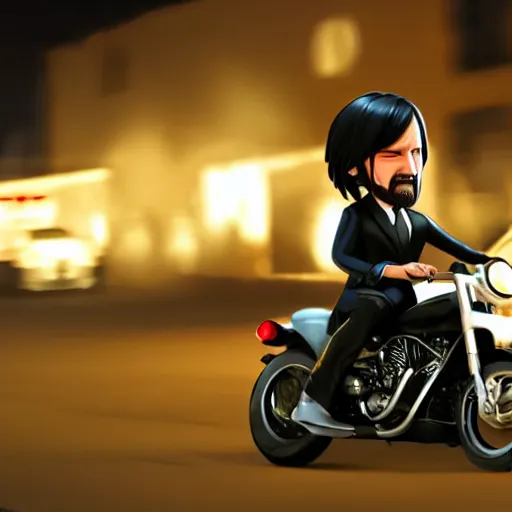 Prompt: chibi john wick riding a sports motorbike at night, movie still, 4 k