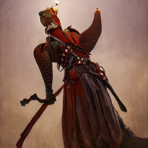 Prompt: a pheasant is girded with a belt, sword on the belt, by lily seika jones , rivuletpaper art, top cinematic lighting, cinematic mood, very detailed, shot in canon, by Viktor Vasnetsov, oil painting, harsh fairy tale, soft style, hyperrealism, beautiful, high resolution, trending on artstation, steps 50