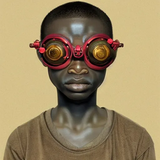 Image similar to colourful claymation upper half - portrait - art of a nigerian boy wearing steam punk goggles, art by utagawa kunisada & james jean, symmetrical, intricate detail, concept art, volumetric light, global illumination, ray tracing, claymation, sharp, pinterest, behance, art station,