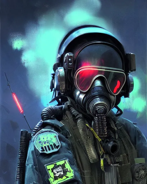 Image similar to detailed neon female swat officer flying a fighter jet, cyberpunk futuristic, neon, gas mask, reflective puffy coat, decorated with traditional japanese by ismail inceoglu dragan bibin hans thoma greg rutkowski alexandros pyromallis nekro rene margitte, fire & smoke, illustrated, perfect face, fine details, realistic shaded, fine - face, pretty face