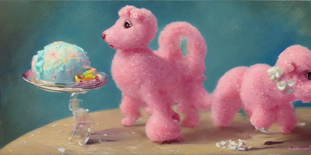 Image similar to bubble gum ice cream made in the shape of 3 d littlest pet shop poodle, realistic, melting, soft painting, forest, desserts, ice cream, master painter and art style of noel coypel, art of emile eisman - semenowsky, art of edouard bisson