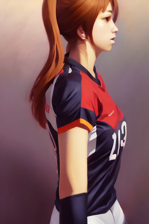 Image similar to A ultradetailed beautiful panting of a stylish woman wearing a volleyball jersey, Oil painting, by Ilya Kuvshinov, Greg Rutkowski and Makoto Shinkai