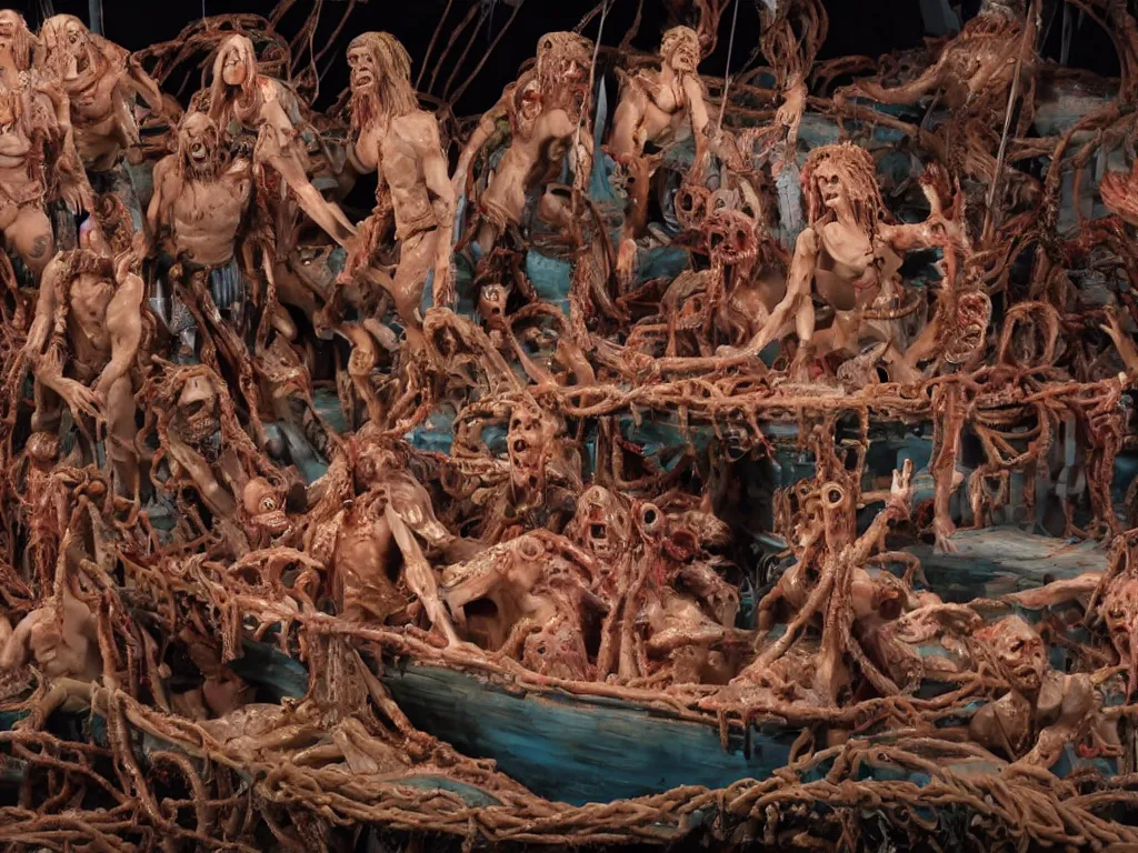 Image similar to diorama of the raft of the medusa as an animatronic schlock body horror comedy film, fun, animatronic figures, Sally Corporation, Garner Holt, Chris Walas, Rick Baker, Rob Bottin, Alec Gillis, Tom Woodruff Jr, Tom Savini, Stan Winston, lurid, vivid colors, neon lights, rubber latex, plastic, realistic materials, fleshy, Cronenberg, daylight, photo real, wet, slimy, wide angle, rule of thirds, 28mm, 1984, Eastman EXR 50D 5245/7245