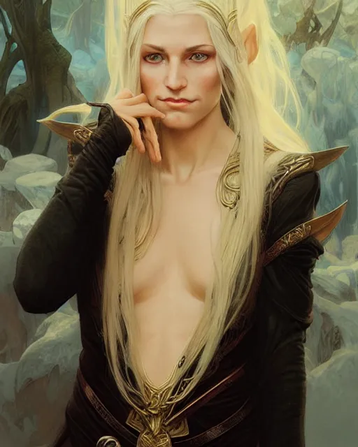 Image similar to portrait of an old blonde elven mage, dark, piercing eyes, gentle expression, elegant clothing, photorealistic, highly detailed, artstation, smooth, sharp focus, art by michael whelan, artgerm, greg rutkowski and alphonse mucha