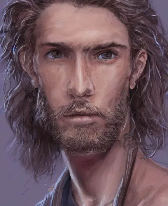Prompt: digital portrait of a skinny european male, slightly longer blond hair and a light stubble beard, wearing a light blue shirt, blue eyes, rugged, teenage no, fantasy, wizard, trending artstation, dungeons & dragons, relaxed expression, dark lighting, high detail, fire particles in background