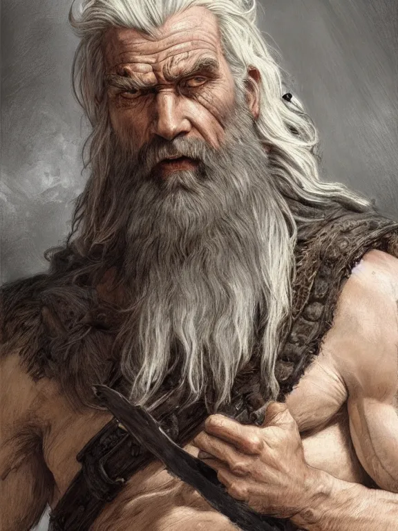 Image similar to painted portrait of rugged odin, god of war, old viking, norse god, white hair, masculine, mature, handsome, upper body, grey and silver, muscular, hairy torso, fantasy, intricate, muscular, elegant, highly detailed, digital painting, artstation, concept art, smooth, sharp focus, illustration, art by gaston bussiere and alphonse mucha