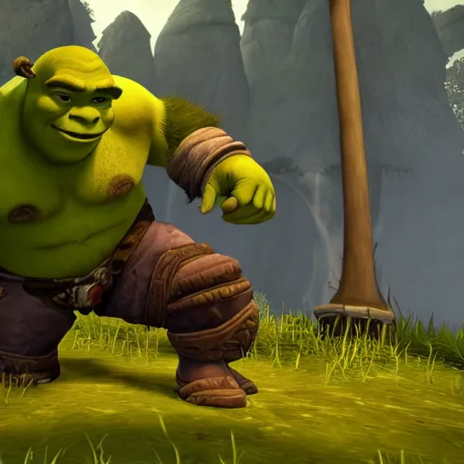 Image similar to shrek in world of warcraft, game graphics, clear, sharp, highly detailed