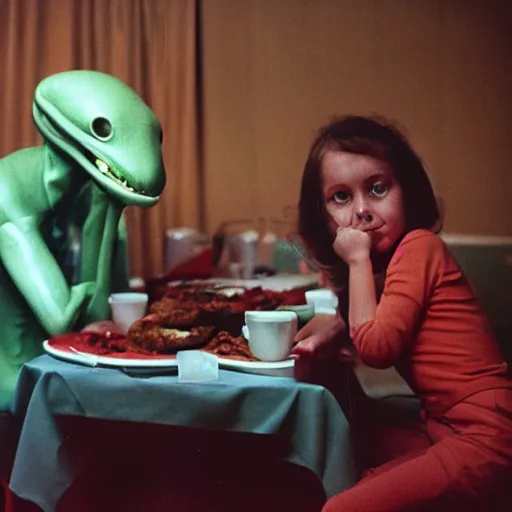 Prompt: alien at a soviet family dinner, 1 9 7 0 s photo, cinestill 8 0 0 t 3 5 mm, camera flash