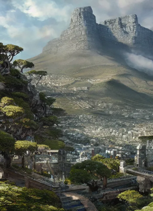 Image similar to chtulu attacking cape town city, table mountain, dense foliage beautiful details, strong composition by kim jung giu weta studio rutkowski, james gurney and greg rutkowski, and lucasfilm