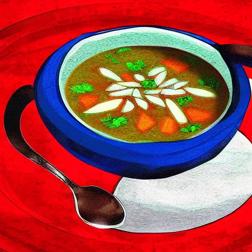 Prompt: a bowl of soup that has a portal to another world in it, digital art