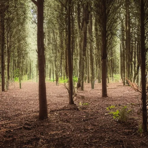 Prompt: forest growing inside of a warehouse, professional photography