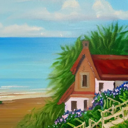 Image similar to A painting of a cozy cottage with a view of the beach