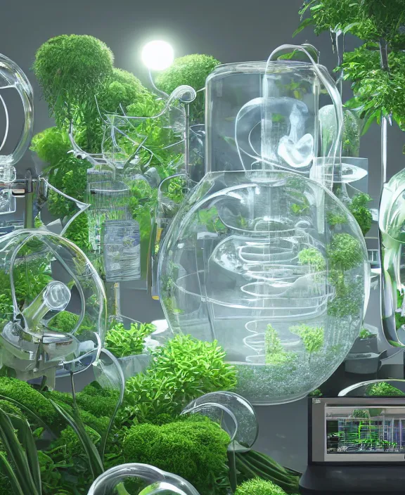 Image similar to intricate transparent clear see - through image of medical equipment, lush botany, garden environment, ultra realistic, concept art, fractal art, photorealistic, octane render, 8 k, unreal engine. art by nori inoguchi and sam kaplan and zachary goulko and christopher marley