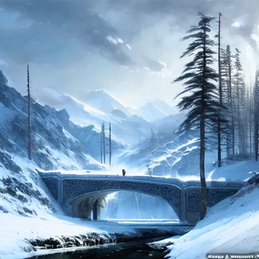 Image similar to a portal from beautiful chinese forest to alaskan tundra snow covered landscape painted by greg rutkowski, makati shinkai, james gurney, wlop