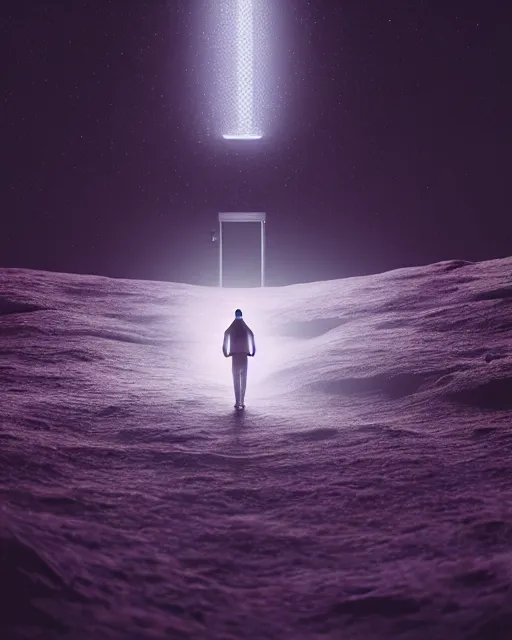 Image similar to a person standing in front of a glowy open door that's on a barren moon, poster art by mike winkelmann, trending on cg society, space art, sci - fi, ue 5, futuristic, volumetric lighting, light casting onto the ground, neat composition and camera angle