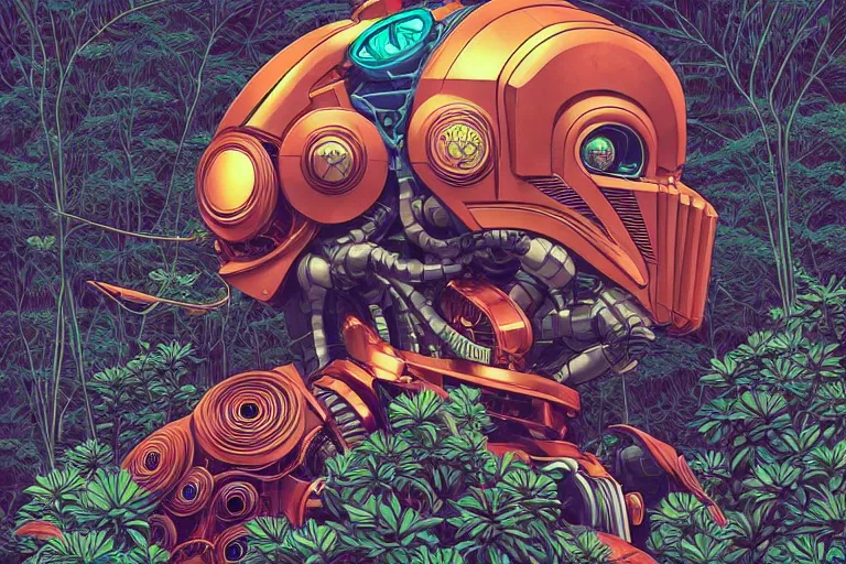 Prompt: gigantic mecha head with lot of details, a lot of exotic vegetation, trees, flowers by moebius, dull colors, junji ito, tristan eaton, victo ngai, artgerm, rhads, ross draws, hyperrealism, intricate detailed, risograph