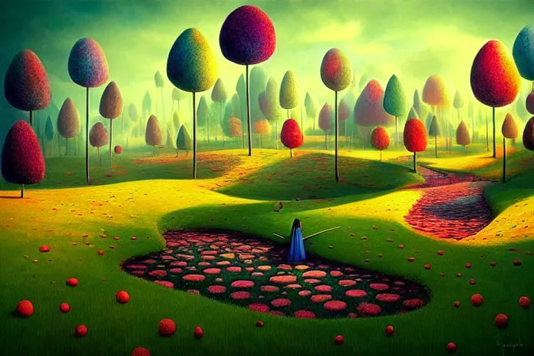 Prompt: surreal glimpse into other universe, inside a marshmallow forest in an ice cream valley, summer morning, very coherent and colorful high contrast, art by!!!! gediminas pranckevicius!!!! dark shadows, hard lighting