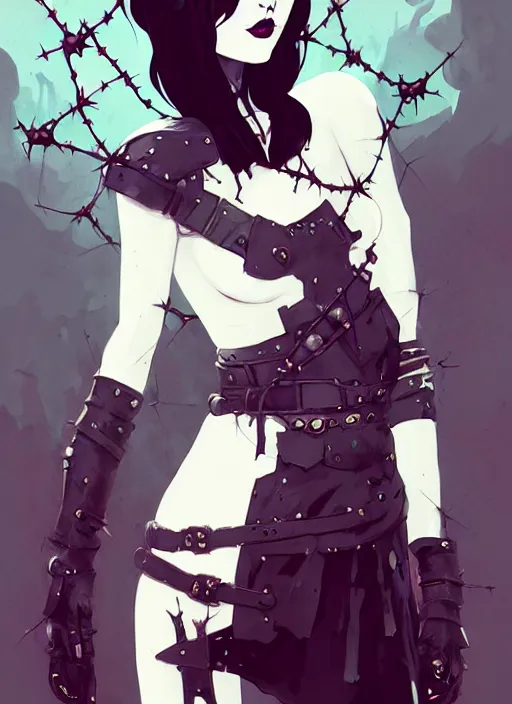 Image similar to cute goth maiden girl with crown of thorns and white short hairs, dressed in leather belts, warhammer, cyberpunk, by atey ghailan, by greg rutkowski, by greg tocchini, by james gilleard, by joe gb fenton, by kaethe butcher, dynamic lighting, gradient light blue, brown, blonde cream and white color in scheme, grunge aesthetic