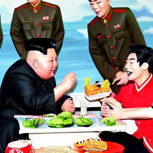 Image similar to screaming kim jong un doll having a lovely picnic with bts boy band