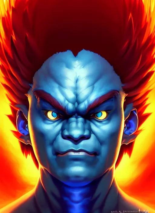 Image similar to symmetry!! portrait of blue akuma, street fighter, global illumination!! intricate, elegant, highly detailed, digital painting, artstation, concept art, smooth, sharp focus, illustration, art by artgerm and greg rutkowski and alphonse mucha