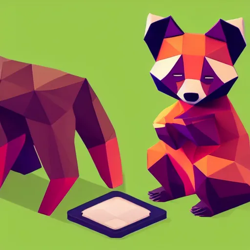 Image similar to isometric cute low - poly red panda playing with a low - poly raccoon