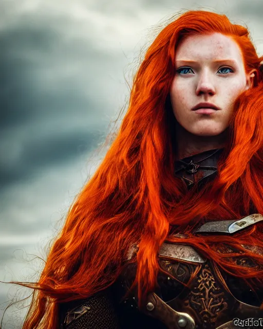 Image similar to north adult female warrior, red hair, ginger hair, long hair, fantasy, female Viking, high detailed, photography, cloudy, lightweight leather armour, Scandinavia, plain, detailed face, beautiful face, beautiful girl, look into the distance, professional model, glowing skin, serious face, full body,in full growth, professional photographer, masterpiece, 50 mm, extremely detailed, 8k, 3D