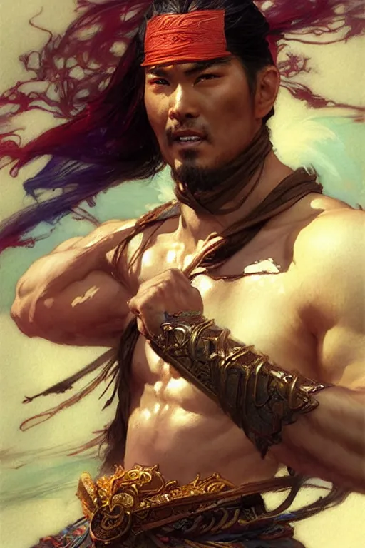 Prompt: wuxia, attractive beefy man, character design, colorful, painting by gaston bussiere, craig mullins, greg rutkowski, j. c. leyendecker