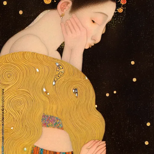 Image similar to a portrait of a very beautiful goddess with halo behind her head, in the style of WLOP and Hsiao-Ron Cheng and Gustav Klimt