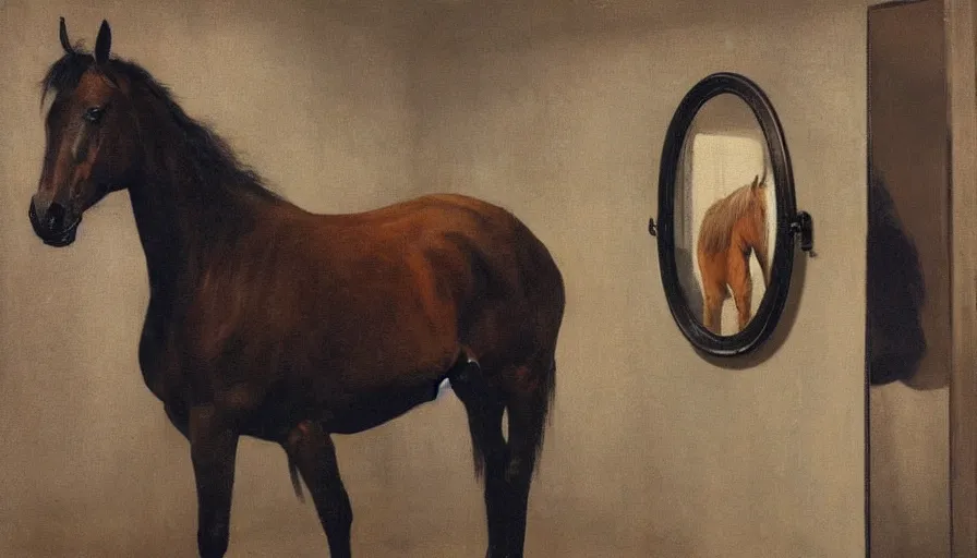 Image similar to painting by borremans, horse in front of the mirror, detailed, stunning